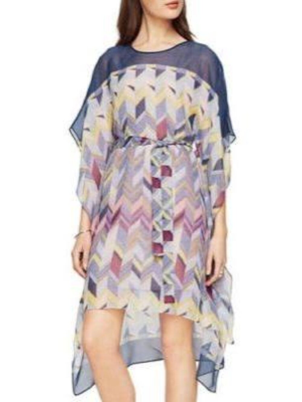 BCBG MaxAzria Suzy Silk Chiffon Blue Chevron Print Kaftan Sleeve Belted Dress